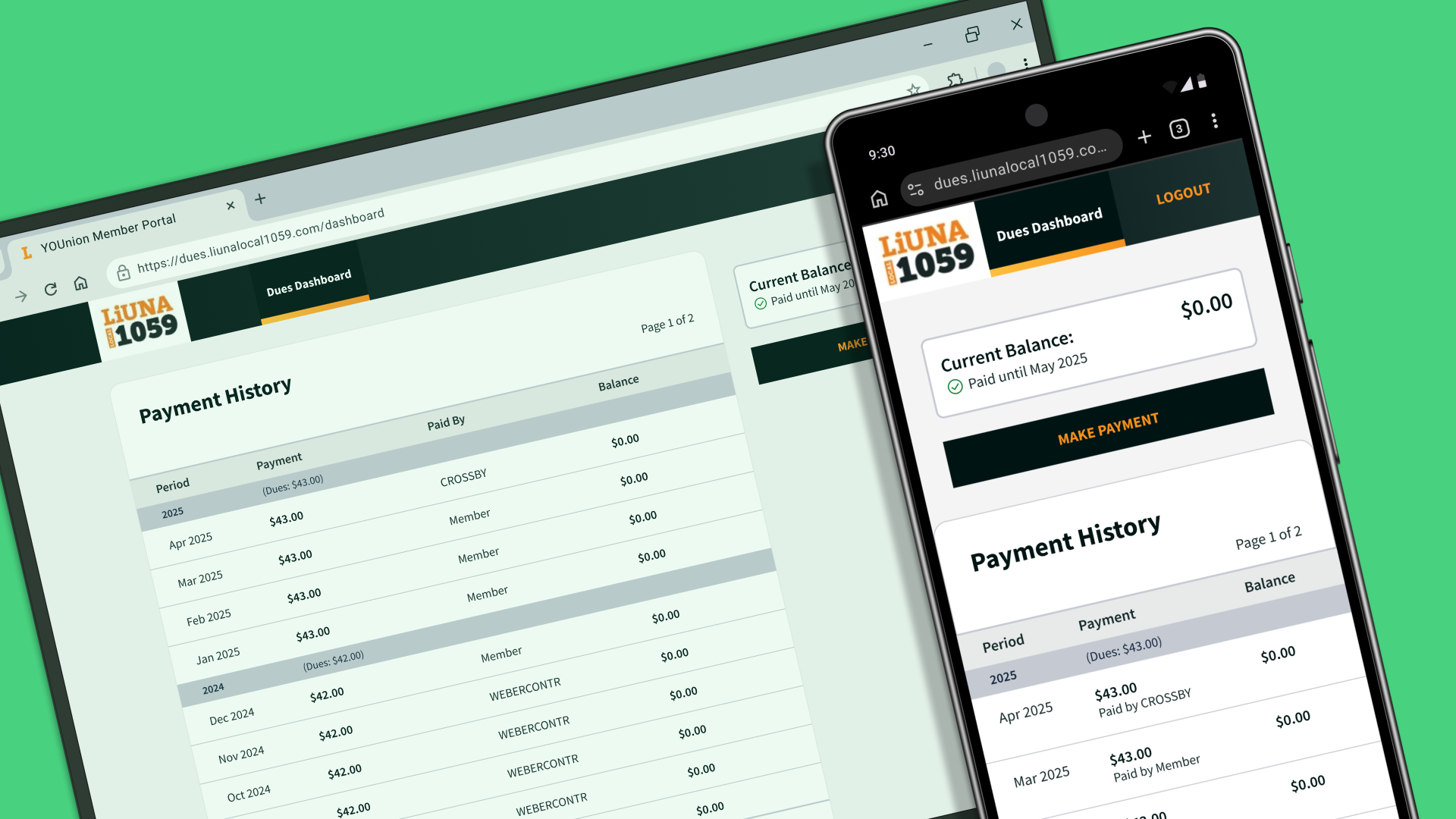 Desktop and mobile versions of the dues dashboard screen showing members' dues payment history. The screens are overlapped on top of a green background.
